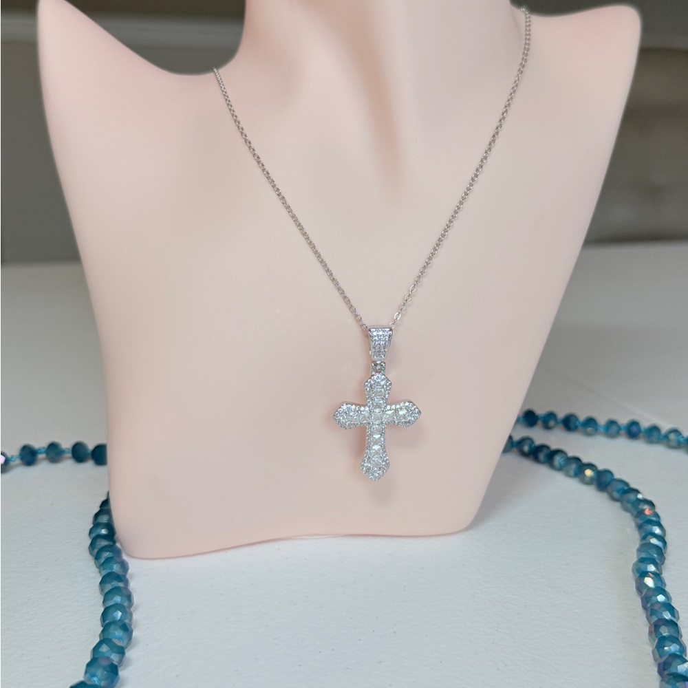 Silver Cubic Zirconia Cross Pendant Necklace - Picture 3 of 11